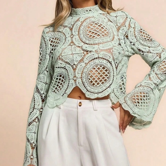 Tops - High Neck Floral Semi Sheer Flared Sleeve Cropped Top